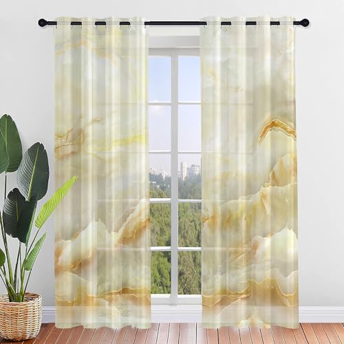 Highdi 3D-Marmor Voile Vorhänge mit Ösen 2er Set, Transparente Gardinen für Wohnzimmer Ösenschal Halbtransparent Ösenvorhang für Moderne Schlafzimmer (Hellgelb,W140 x H244 cm) von Highdi