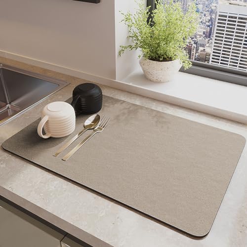 Highdi Abtropfmatte Geschirr Mikrofaser, Kieselgur Kaffeematte Schnelltrocknend Saugfähig Kaffeemaschine Unterlage Rutschfest Drying Mat Küche für Küche Café Spüle Bad (50x60cm,Khaki) von Highdi