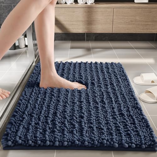 Highdi Badematte rutschfeste Saugfähige Badezimmerteppich aus Chenille Weich Verdickte Minimalistische Badteppich Waschbar, Badvorleger für Badezimmer, Badewanne, Dusche (Marineblau,40x60cm) von Highdi