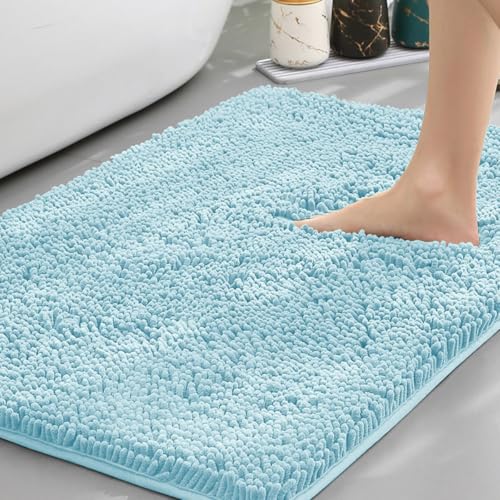 Highdi Badematte rutschfeste Saugfähige Chenille Badteppich Rechteckige Badezimmerteppich Dicke und Weich Waschbar Fußmatt Badvorleger für Badezimmer, Badewanne, Dusche (Hellblau,40x60cm) von Highdi