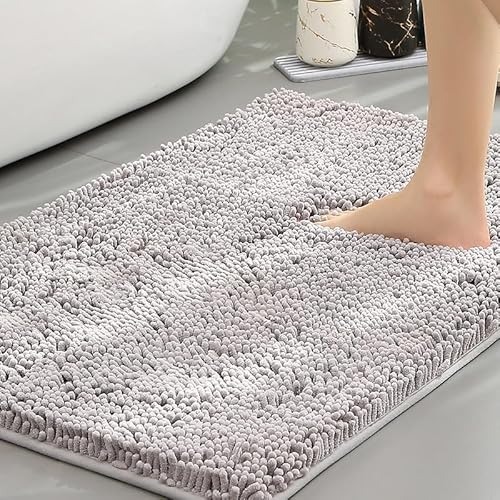 Highdi Badematte rutschfeste Saugfähige Chenille Badteppich Rechteckige Badezimmerteppich Dicke und Weich Waschbar Fußmatt Badvorleger für Badezimmer, Badewanne, Dusche (Hellgrau,60x90cm) von Highdi