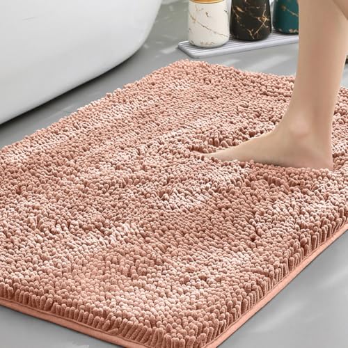 Highdi Badematte rutschfeste Saugfähige Chenille Badteppich Rechteckige Badezimmerteppich Dicke und Weich Waschbar Fußmatt Badvorleger für Badezimmer, Badewanne, Dusche (Korallenrosa,50x80cm) von Highdi