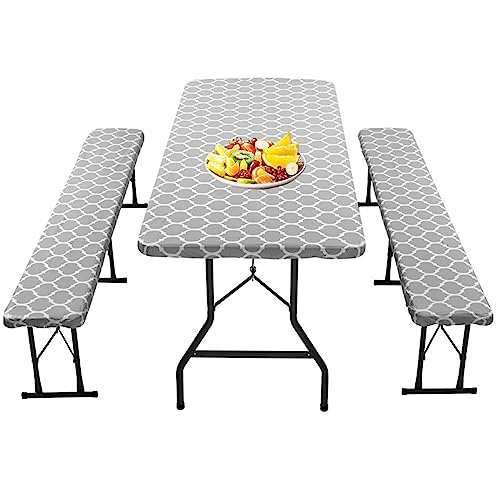 Highdi Bierzeltgarnitur Klappbar 3tlg, Tischdecke Rechteckige und Elastische Banküberzüge Abwischbare Wasserdicht Tischdecke für Indoor Outdoor Picknick Camping Partys (72x30 Zoll,Grau Marokko) von Highdi