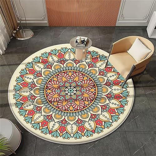 Highdi Böhmen Teppich Rund rutschfest Schlafzimmer Teppiche, Innenbereich Polyester Mandala Blumen Runder Teppich fürs Wohnzimmer, Flur, Modern Kinderzimmer, Büro (100cm,Beige) von Highdi