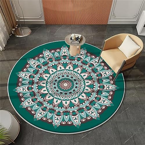 Highdi Böhmen Teppich Rund rutschfest Schlafzimmer Teppiche, Innenbereich Polyester Mandala Blumen Runder Teppich fürs Wohnzimmer, Flur, Modern Kinderzimmer, Büro (100cm,Dunkelgrün) von Highdi