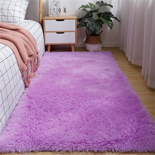 Highdi Bonbonfarbe Langflor Weich Teppich Wohnzimmer, Soft Shaggy Teppich, Flauschiger Teppich, Waschbarer Teppich Schlafzimmer, Kunstfell Fell Imitat Teppich Kinderzimmer (60x160cm,Violett) von Highdi