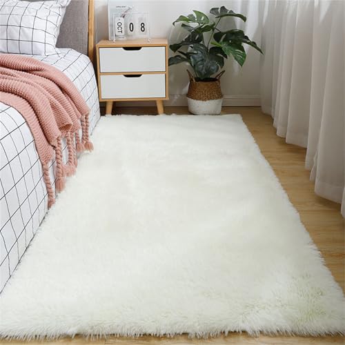Highdi Bonbonfarbe Langflor Weich Teppich Wohnzimmer, Soft Shaggy Teppich, Flauschiger Teppich, Waschbarer Teppich Schlafzimmer, Kunstfell Fell Imitat Teppich Kinderzimmer (80x200cm,Weiß) von Highdi
