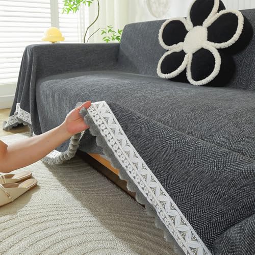 Highdi Chenille Sofaüberwürfe Abdeckung Sofadecke, Vintage Spitze Sofaüberwurf Sofa Überzug L Form Sofabezug Ecksofa Universelle rutschfeste Couch Überzug (180x260cm,Anthrazit) von Highdi
