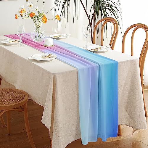 Highdi Chiffon Tischläufer Modern Esszimmer, Farbverlauf Weiß Lang Tischläufer Tischdecke Läufer für Hochzeits Geburtstagsfeier Braut Baby Shower Dekorationen (50x140cm,Blau Rosa) von Highdi
