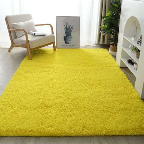 Highdi Einfarbig Langflor Weich Teppich Wohnzimmer,Klassisch Soft Shaggy Teppich,Flauschiger Teppich,Waschbarer Teppich Schlafzimmer,Kunstfell Fell Imitat Teppich Kinderzimmer (Gelb,140x200cm) von Highdi
