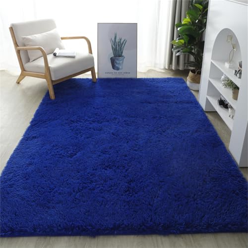 Highdi Einfarbig Langflor Weich Teppich Wohnzimmer,Klassisch Soft Shaggy Teppich,Flauschiger Teppich,Waschbarer Teppich Schlafzimmer,Kunstfell Fell Imitat Teppich Kinderzimmer (Königsblau,80x120cm) von Highdi