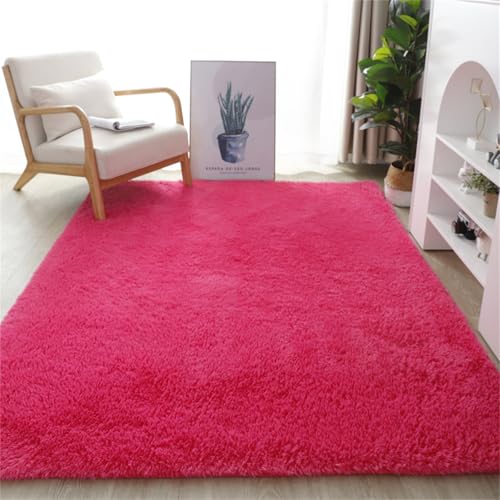 Highdi Einfarbig Langflor Weich Teppich Wohnzimmer,Klassisch Soft Shaggy Teppich,Flauschiger Teppich,Waschbarer Teppich Schlafzimmer,Kunstfell Fell Imitat Teppich Kinderzimmer (Rosenrot,80x200cm) von Highdi