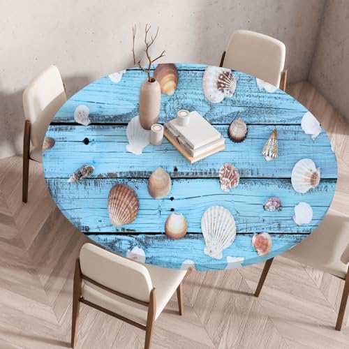 Highdi Elastische Tischdecke Rund Abwaschbar, 3D-Druck Spanntischdecke Rund Gartentischdecke Outdoor Round Tischdecke mit Gummizug für Feiertage Versammlung (Holzmaserungsmuschel 2,150cm) von Highdi