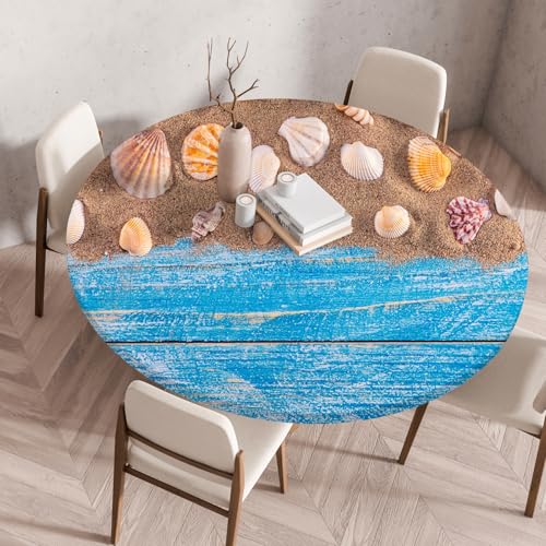 Highdi Elastische Tischdecke Rund Abwaschbar, 3D-Druck Spanntischdecke Rund Gartentischdecke Outdoor Round Tischdecke mit Gummizug für Feiertage Versammlung (Holzmaserungsmuschel 8,60cm) von Highdi