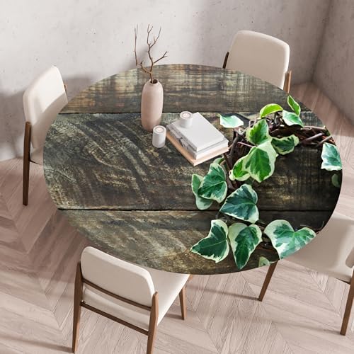 Highdi Elastische Tischdecke Rund Abwaschbar, 3D-Druck Spanntischdecke Rund Gartentischdecke Outdoor Round Tischdecke mit Gummizug für Feiertage Versammlung (Laubholz 5,80cm) von Highdi
