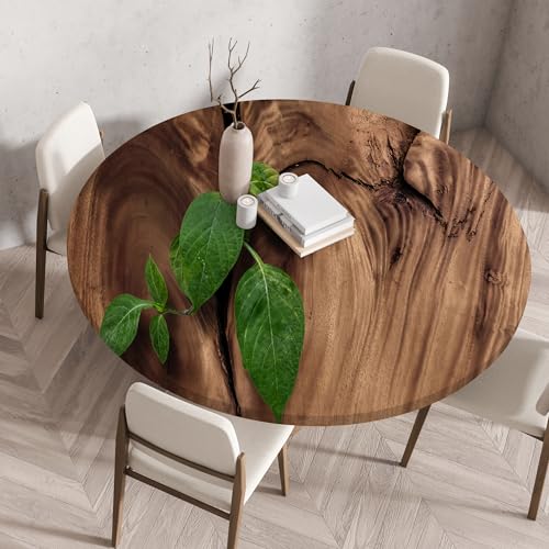 Highdi Elastische Tischdecke Rund Abwaschbar, 3D-Druck Spanntischdecke Rund Gartentischdecke Outdoor Round Tischdecke mit Gummizug für Feiertage Versammlung (Laubholz 6,140cm) von Highdi