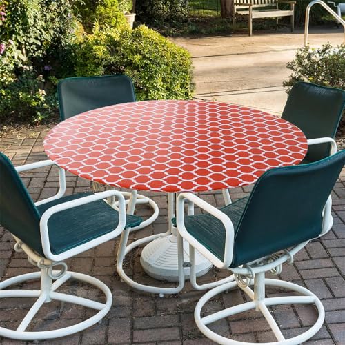 Highdi Elastische Tischdecke Rund Abwaschbar, PVC Spanntischdecke Rund Gartentischdecke Outdoor Round Tischdecke mit Gummizug für Esszimmer, Küche und Picknick (Rot Marokko,48in R(90-110cm)) von Highdi