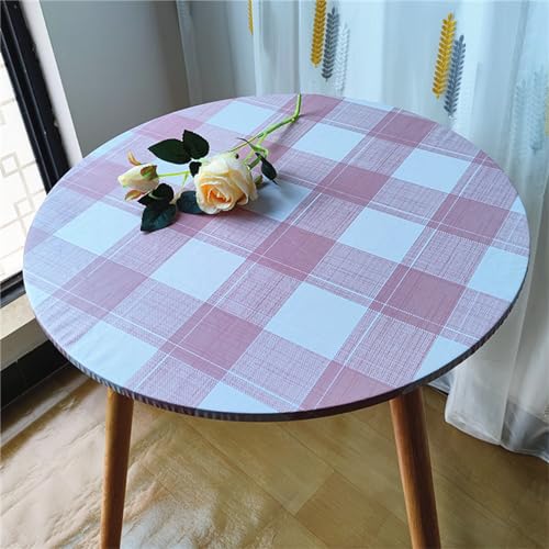 Highdi Elastische Tischdecke Rund Abwaschbar, Spanntischdecke Rund Gartentischdecke Outdoor Round Tischdecke mit Gummizug für Esszimmer, Küche und Picknick (100cm,Weiß rosa kariert) von Highdi