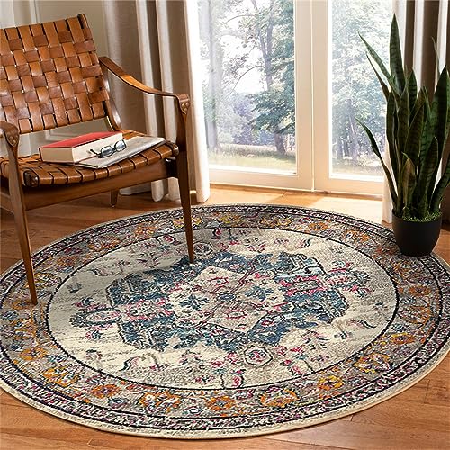 Highdi Kinder Böhmen Teppich Rund Modern rutschfest Schlafzimmer Teppiche, Innenbereich Polyester Runder Teppich fürs Wohnzimmer, Flur, Kinderzimmer, Büro (120cm,Retro) von Highdi