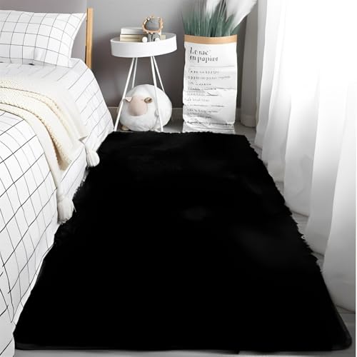 Highdi Klassiker Langflor Weich Teppich Wohnzimmer, Soft Shaggy Teppich, Flauschiger Teppich, Waschbarer Teppich Schlafzimmer, Kunstfell Fell Imitat Teppich Kinderzimmer (100x200cm,Schwarz) von Highdi
