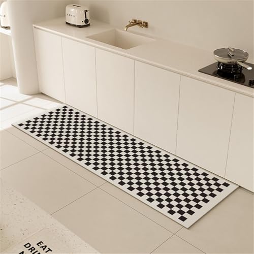 Highdi Küchenläufer, Saugfähig Läufer Flu Teppich Küche Flur Teppich Läufer, Schachbrett Waschbar Teppich Küche, Lang rutschfest Küchenteppich,für Eingangsbereich Esszimmer (50x80cm,Schwarz Weiß) von Highdi