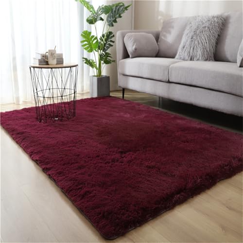 Highdi Langflor Weich Teppich Wohnzimmer, Erweiterte Volltonfarbe Soft Shaggy Teppich, Flauschiger Teppich, Waschbarer Teppich Schlafzimmer, Kunstfell Fell Imitat Teppich (50x80cm,Weinrot) von Highdi