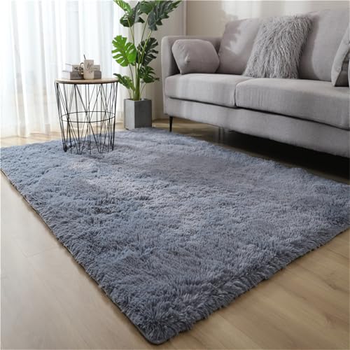 Highdi Langflor Weich Teppich Wohnzimmer, Erweiterte Volltonfarbe Soft Shaggy Teppich, Flauschiger Teppich, Waschbarer Teppich Schlafzimmer, Kunstfell Fell Imitat Teppich (80x160cm,Grau) von Highdi