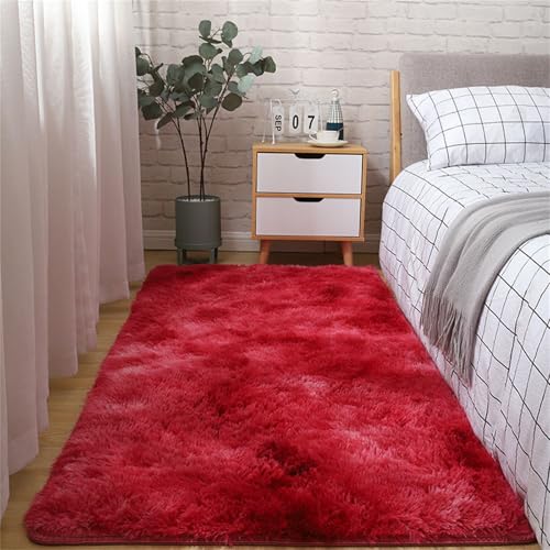 Highdi Langflor Weich Teppich Wohnzimmer, Tie-Dye Soft Shaggy Teppich, Flauschiger Teppich, Waschbarer Teppich Schlafzimmer, Kunstfell Fell Imitat Teppich Kinderzimmer (100x160cm,Rot) von Highdi