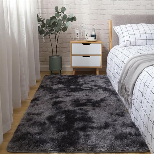 Highdi Langflor Weich Teppich Wohnzimmer, Tie-Dye Soft Shaggy Teppich, Flauschiger Teppich, Waschbarer Teppich Schlafzimmer, Kunstfell Fell Imitat Teppich Kinderzimmer (50x80cm,Schwarz) von Highdi