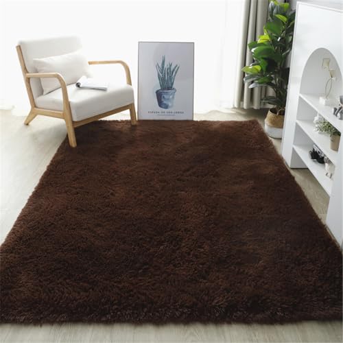 Highdi Langflor Weich Teppich Wohnzimmer Einfarbig, Soft Shaggy Teppich Flauschiger Teppich Waschbarer Teppich Schlafzimmer, Kunstfell Fell Imitat Teppich Kinderzimmer Nordic (100x160cm,Braun) von Highdi