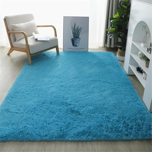 Highdi Langflor Weich Teppich Wohnzimmer Einfarbig, Soft Shaggy Teppich Flauschiger Teppich Waschbarer Teppich Schlafzimmer, Kunstfell Fell Imitat Teppich Kinderzimmer Nordic (140x200cm,Blau) von Highdi