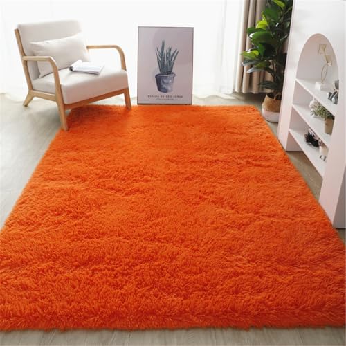Highdi Langflor Weich Teppich Wohnzimmer Einfarbig, Soft Shaggy Teppich Flauschiger Teppich Waschbarer Teppich Schlafzimmer, Kunstfell Fell Imitat Teppich Kinderzimmer Nordic (140x200cm,Orange) von Highdi
