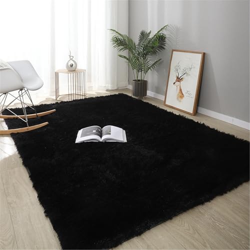 Highdi Langflor Weich Teppich Wohnzimmer Einfarbig Soft Shaggy Teppich Flauschiger Teppich Waschbarer Teppich Schlafzimmer, Einfarbig Kunstfell Fell Imitat Teppich Kinderzimmer (160x200cm,Schwarz) von Highdi
