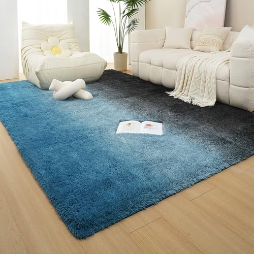 Highdi Langflor Weich Teppich Wohnzimmer Gradient, Soft Shaggy Teppich Flauschiger Teppich Waschbarer Teppich Schlafzimmer, Kunstfell Fell Imitat Teppich Kinderzimmer Nordic (100x200cm,Blau) von Highdi