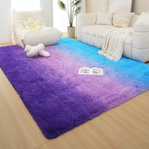 Highdi Langflor Weich Teppich Wohnzimmer Gradient, Soft Shaggy Teppich Flauschiger Teppich Waschbarer Teppich Schlafzimmer, Kunstfell Fell Imitat Teppich Kinderzimmer Nordic (140x200cm,Lila) von Highdi