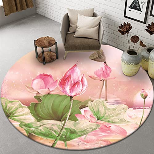 Highdi Lotus Blume Teppich Rund Modern rutschfest Waschbar Schlafzimmer Teppiche, Innenbereich Polyester Runder Teppich fürs Wohnzimmer Kinderzimmer Büro (120cm,Rosa Traumhaft) von Highdi