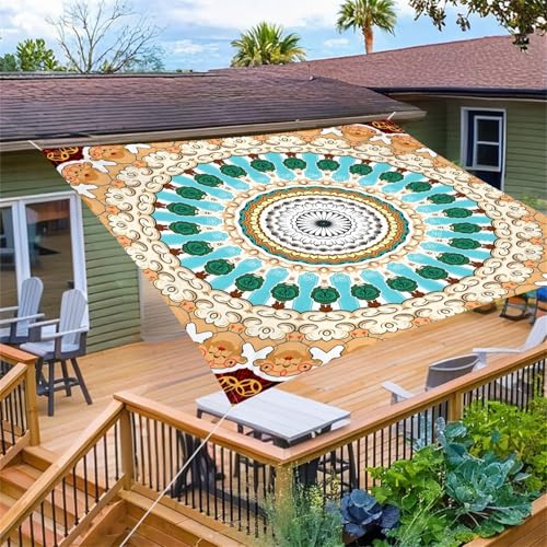 Highdi Mandala-Druckstil Sonnensegel Wasserdicht UV Schutz,Terrasse Garten Camping Sonnensegel Rechteckig,Schnelltrocknend Balkon Sonnenschutz Segeltuch mit Ösen und 4 Seil (Blaugrün,2,0x2,4m) von Highdi