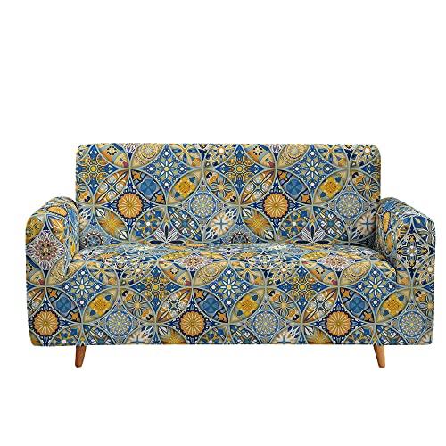 Highdi Mandala Sofabezug Sofaüberwürfe für 1/2/3/4 Sitzer, Böhmen Armlehnen Sofa Cover Elastisch Stretch Antirutsch Sofa Cover Sofahusse Couchbezug Möbelschutz (2 Sitzer,Gelb-Blau) von Highdi