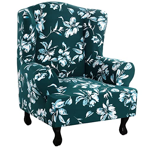 Highdi Ohrensessel Bezug 1-Teilig Elegantes Blumenmuster Sesselbezug, Sesselüberwürfe Ohrensessel Überzug Stretch Sesselhusse mit Armlehne für Relaxsessel, Fernsehsessel (Dunkelgrün) von Highdi
