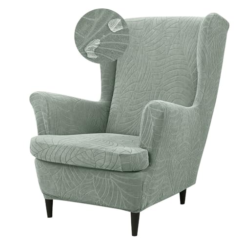 Highdi Ohrensessel Überzug 2-Teilig Sesselbezug Wasserdichter Jacquard Einfarbig Sesselüberwürfe Elastischer Sesselhusse für Strandmon Ohrensessel mit Armlehne Hohe Rückenlehne (Matcha-Grün) von Highdi