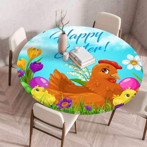 Highdi Ostern Elastische Tischdecke Rund Abwaschbar, Spanntischdecke Rund Gartentischdecke Outdoor Round Tischdecke mit Gummizug für Feiertage Versammlung (100cm,Braune Henne) von Highdi