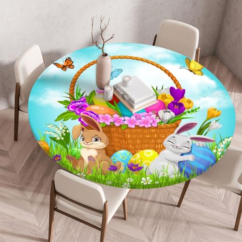 Highdi Ostern Elastische Tischdecke Rund Abwaschbar, Spanntischdecke Rund Gartentischdecke Outdoor Round Tischdecke mit Gummizug für Feiertage Versammlung (100cm,Glockenspiel) von Highdi
