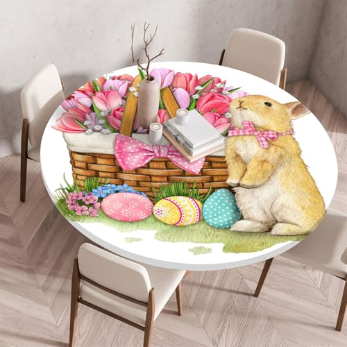 Highdi Ostern Elastische Tischdecke Rund Abwaschbar, Spanntischdecke Rund Gartentischdecke Outdoor Round Tischdecke mit Gummizug für Feiertage Versammlung (100cm,Niedlicher Hase) von Highdi