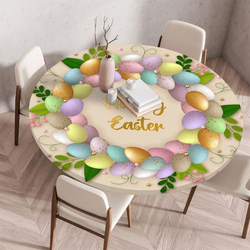Highdi Ostern Elastische Tischdecke Rund Abwaschbar, Spanntischdecke Rund Gartentischdecke Outdoor Round Tischdecke mit Gummizug für Feiertage Versammlung (140cm,Eiergirlande) von Highdi