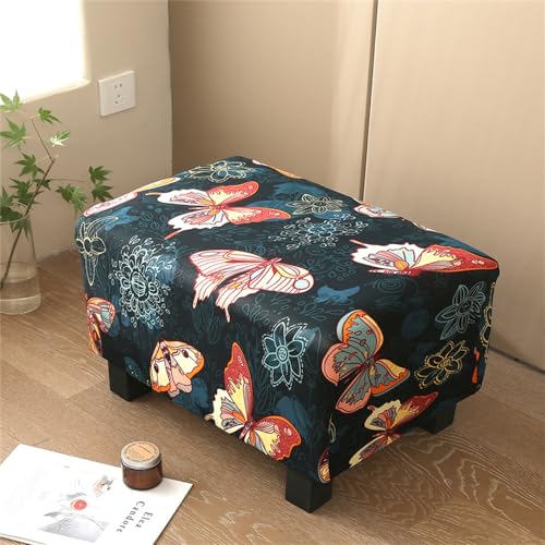 Highdi Ottomane Schonbezug Hockerbezug, Blumendruck Stretch-Spandex Hocker Bezug, Hussen für Fußhocker Rechteckig Waschbar Ottomane Abdeckung Überzug Hocker Protector (Schmetterling) von Highdi