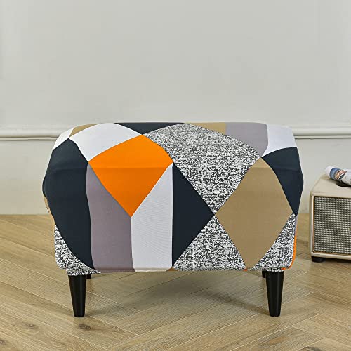 Highdi Ottomane Schonbezug Hockerbezug, Hocker Husse für Fußhocker Rechteckig, Stretch Bezug Ottomane Abdeckung Überzug Waschbar Hocker Protector Hockerabdeckung (Orange Geometrie,1 Stück) von Highdi