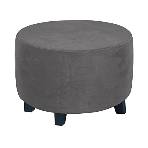 Highdi Ottomane Schonbezug Hockerbezug, Samt Einfarbig Hocker Hussen für Runder Fußhocker, Stretch Bezug Ottomane Abdeckung Überzug Hocker Protector Waschbar Hockerabdeckung (grau,M) von Highdi