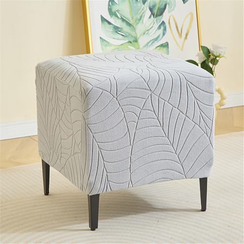 Highdi Ottomane Schonbezug Hockerbezug Quadratisch Fußhocker Bezug, Blätter-Jacquard Stretch Ottoman-Bezüge Rutschfester Hocker Hussen mit Gummiband Unten Waschbar (Hellgrau,45x45x45cm) von Highdi