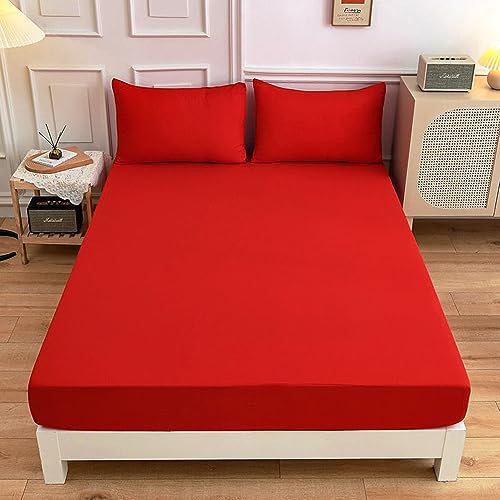 Highdi Reine Farbe Spannbettlaken, Weiches Atmungsaktiver Mikrofaser bettlaken - Matratzenschoner Tiefe Tasche für bis 20cm Matraze (90x200cm+27cm,Rot) von Highdi