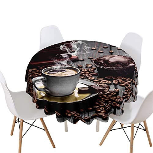 Highdi Rund Tischdecke Abwaschbar, 3D Kaffee Druck Wasserdicht Lotuseffekt Antifouling Rund Tischdecken Polyester Tischtuch für Küche Dekoration Garten (Durchmesser 140cm,Schokoladen Kaffee) von Highdi